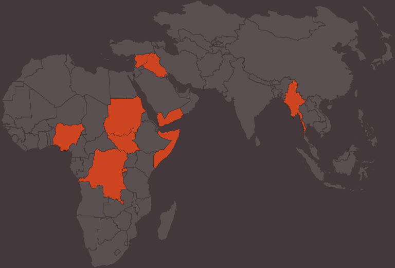 Map of the countries in 2016 identified as using child soldiers.